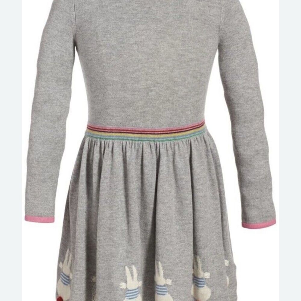 Mini Boden Gray Knit Dress with Multicolor Trim and Bunny Motif